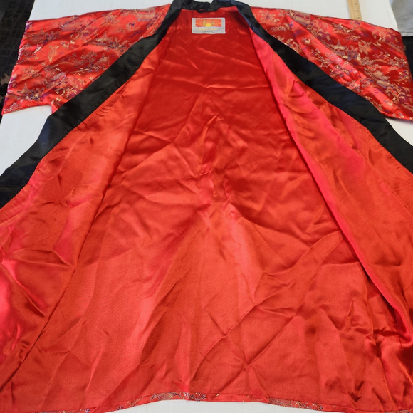 Vintage Oriental Kimono Robe L Red Black Satin Asian Print Lounge Duster Boho - Picture 8 of 9